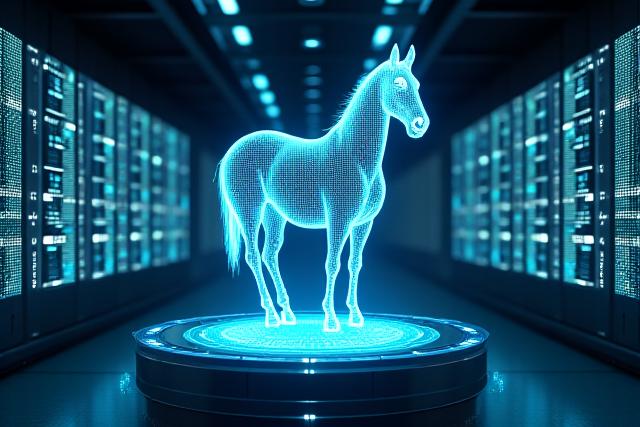 近代的なデータセンターで馬のホログラムが映し出された未来的なハイテク環境、技術と競馬の融合を象徴